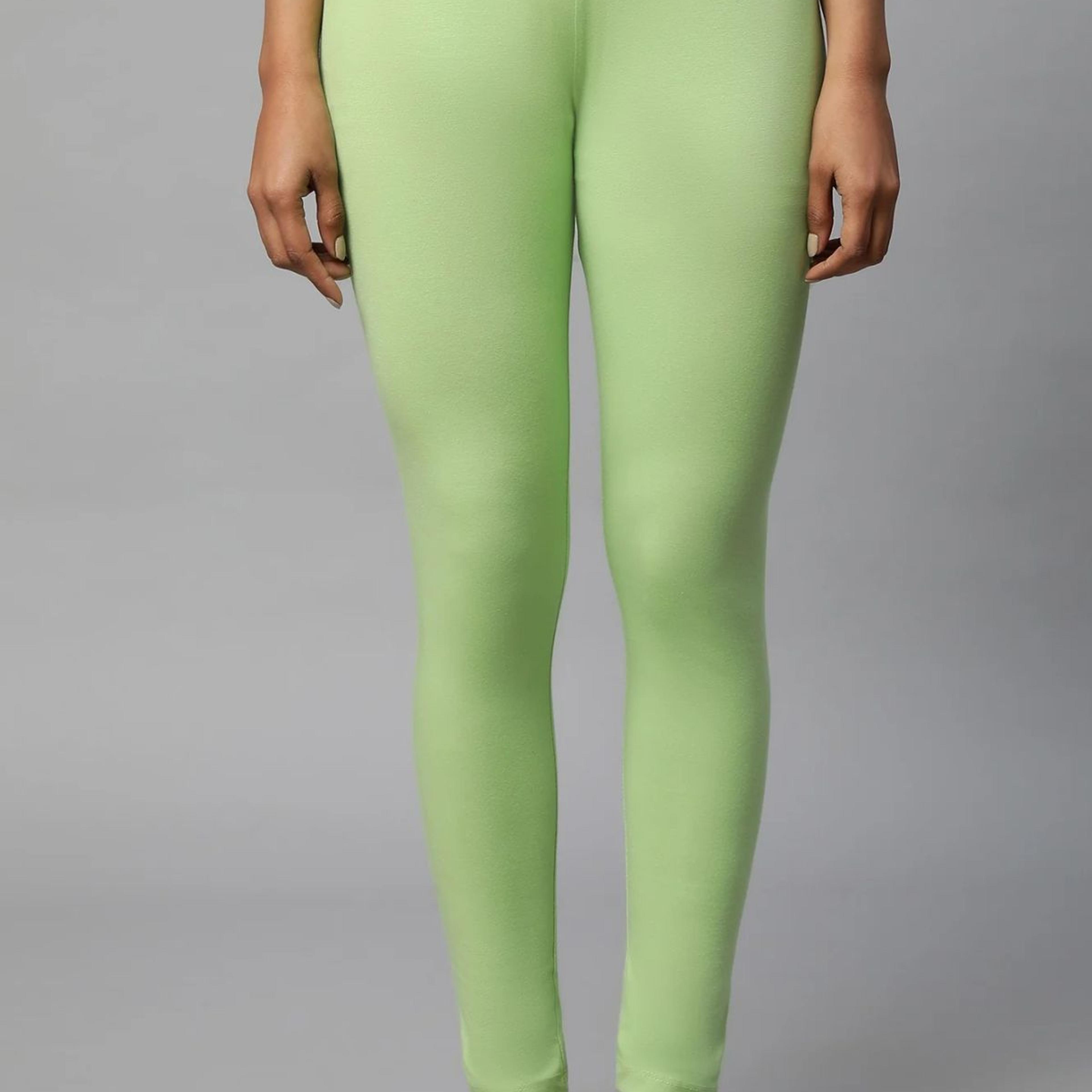 Light Green Solid Skinny Fit Cotton Tights With Elasticated Waist