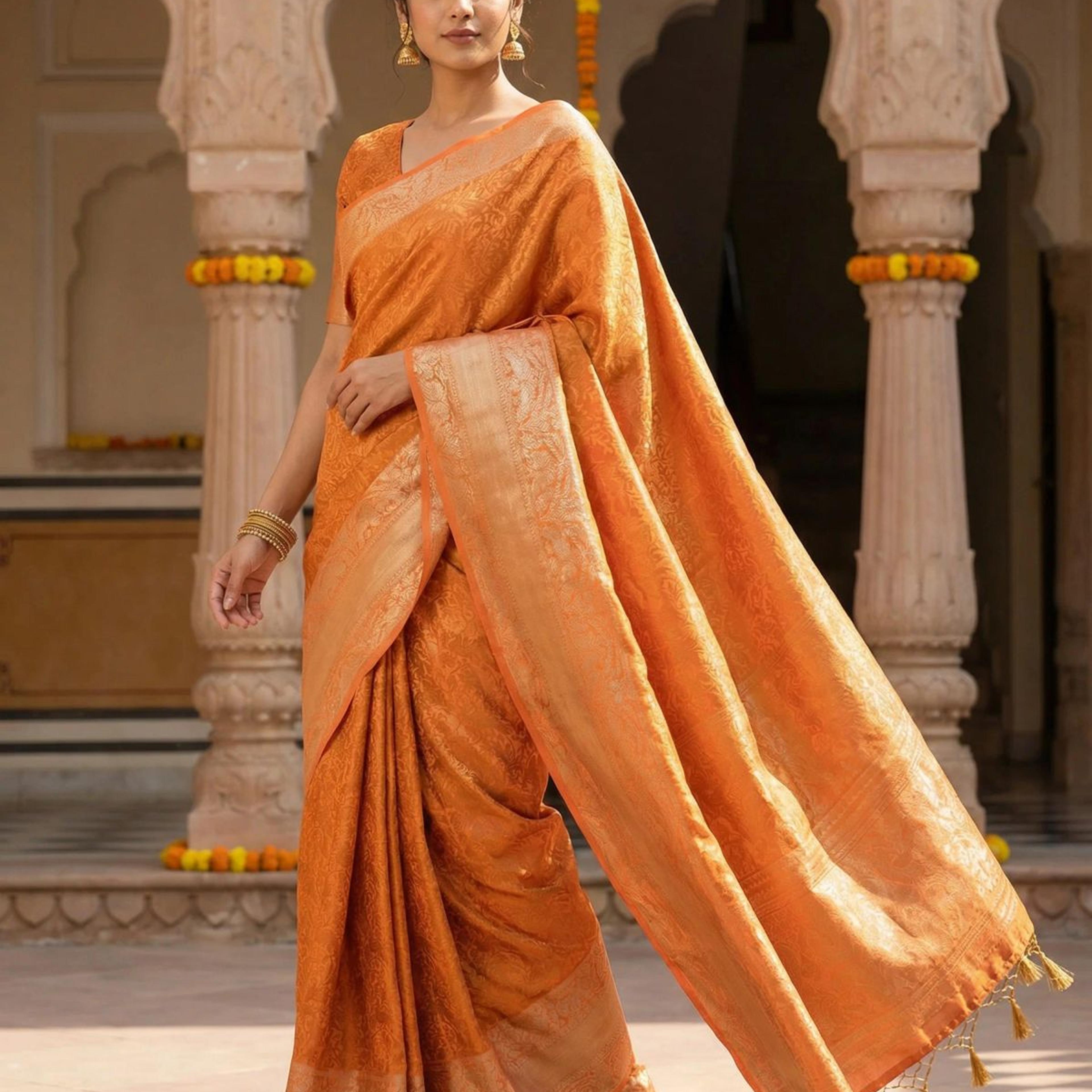 MIMOSA Women's Woven Design Banarasi Style Art Silk Saree with Blouse Piece - Peach ( SA00003132PCFREE )