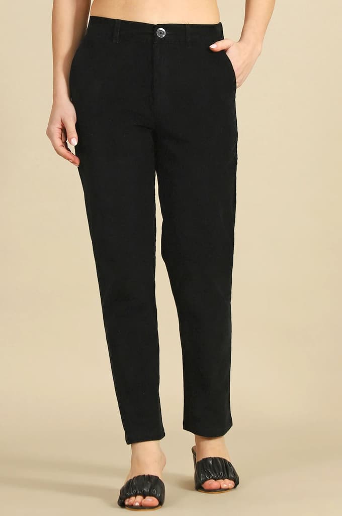 Black Solid Straight Fit Cotton Pants with YKK Zipper — photo 2
