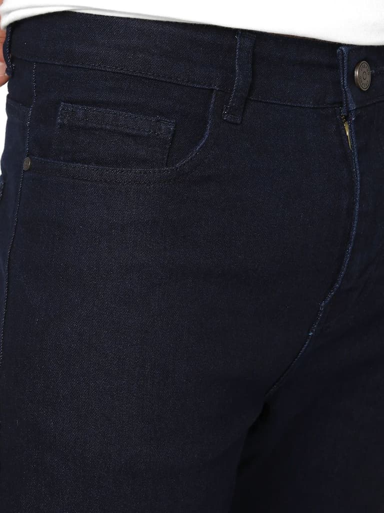Men's Dark Blue Straight Fit Raw Washed Denim Jeans Stretchable — photo 6