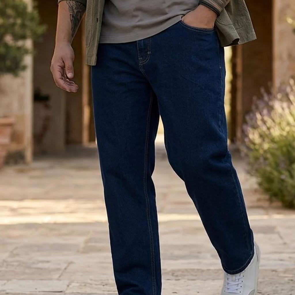 Plus Men's Blue Straight Fit Raw Washed Denim Jeans Stretchable