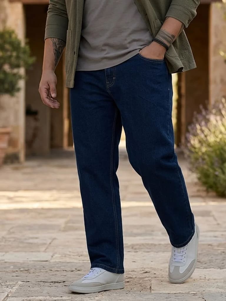 Plus Men's Blue Straight Fit Raw Washed Denim Jeans Stretchable — 36 / Blue