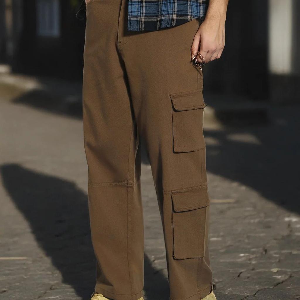 Men's Brown Loose Baggy Fit Cargo Chino Pant with 8 Pockets Stretchable