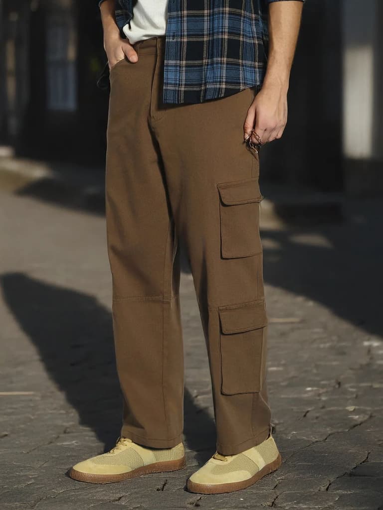 Men's Brown Loose Baggy Fit Cargo Chino Pant with 8 Pockets Stretchable — 28 / Brown