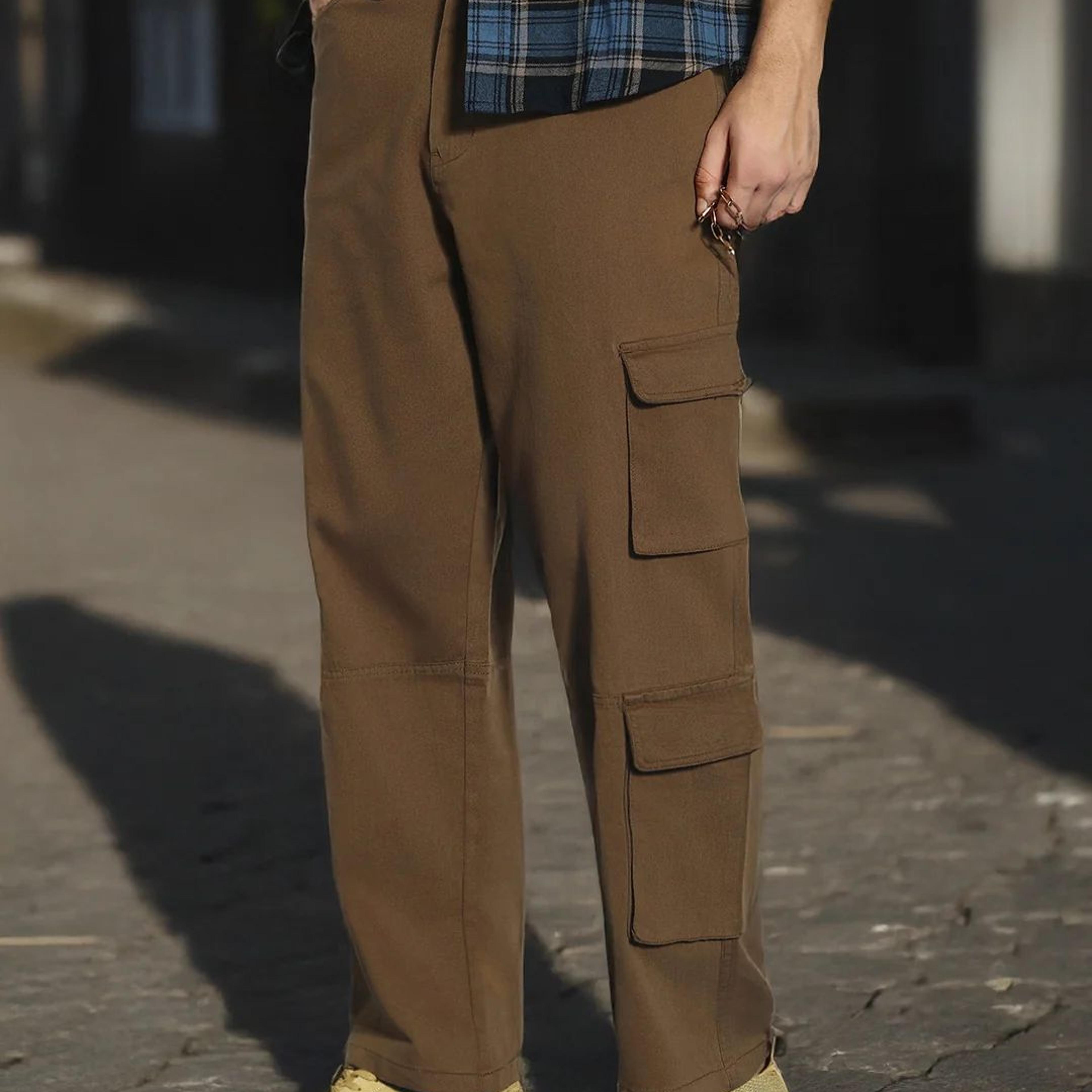 Men's Brown Loose Baggy Fit Cargo Chino Pant with 8 Pockets Stretchable