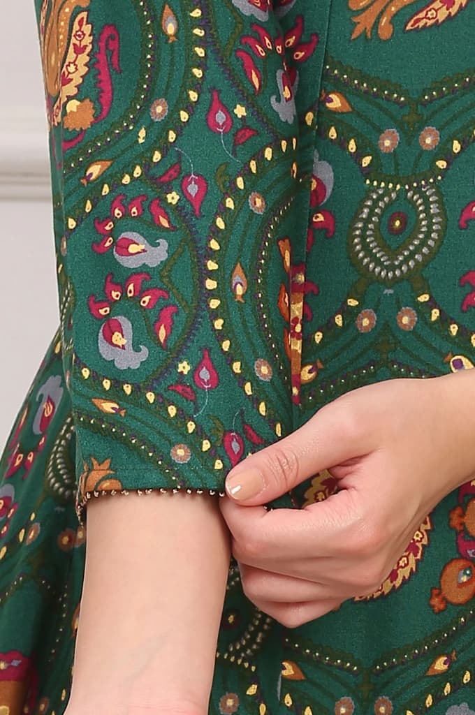 Dark Green Floral Printed Flared Chanderi Kurta, Straight Pant and Dupatta Co-ord Set — photo 7