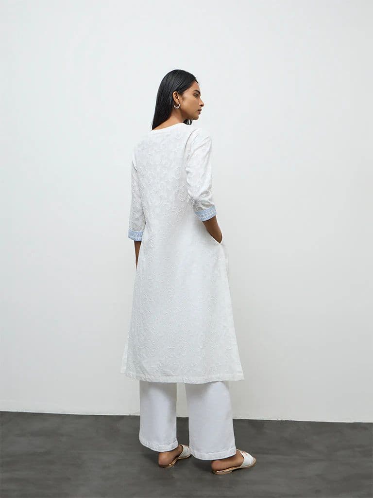 Utsa White Floral Embroidered Cotton A-Line Kurta — photo 4