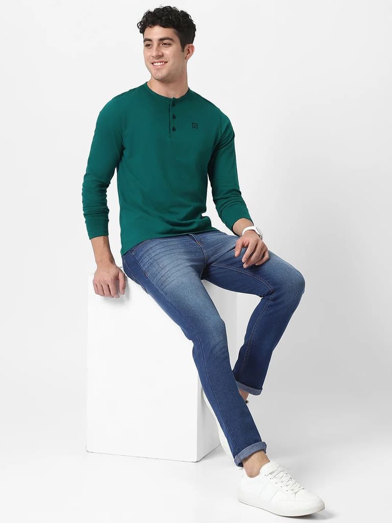 Men's Dark Green Solid Henley Neck Slim Fit Cotton T-Shirt — photo 5