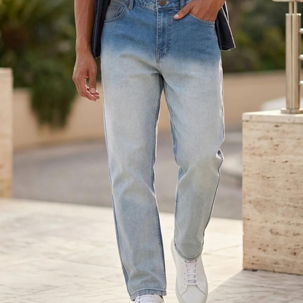Men's Light Blue Straight Fit Heavy Washed Faded Denim Jeans Stretchable