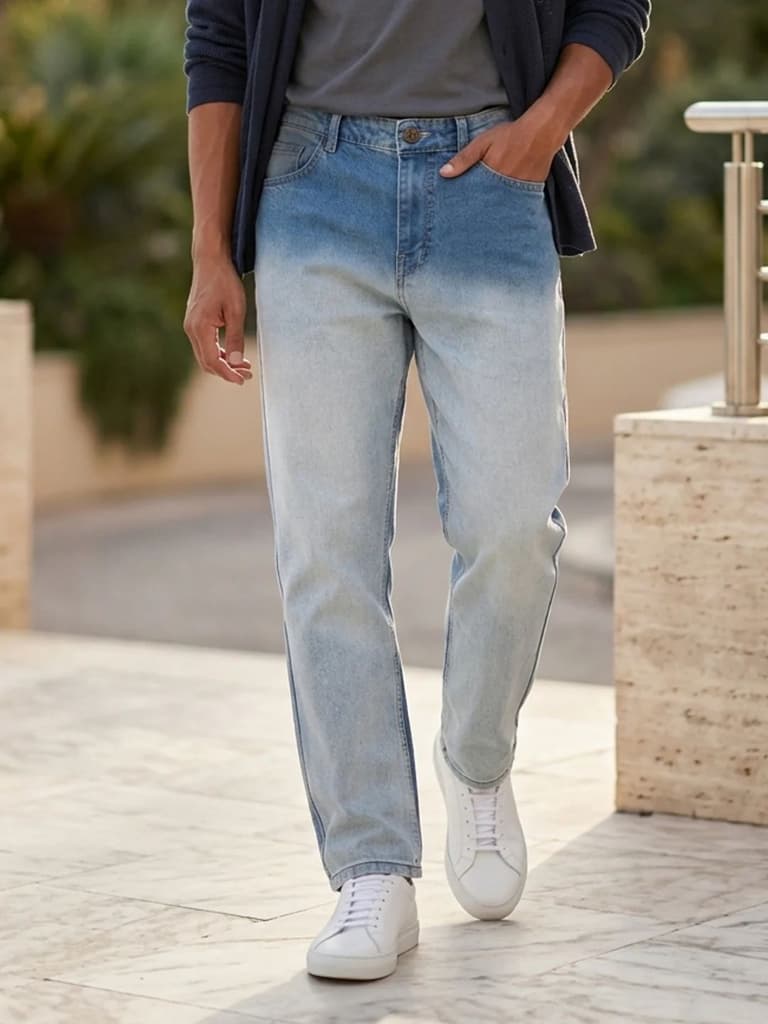 Men's Light Blue Straight Fit Heavy Washed Faded Denim Jeans Stretchable — 28 / Light Blue