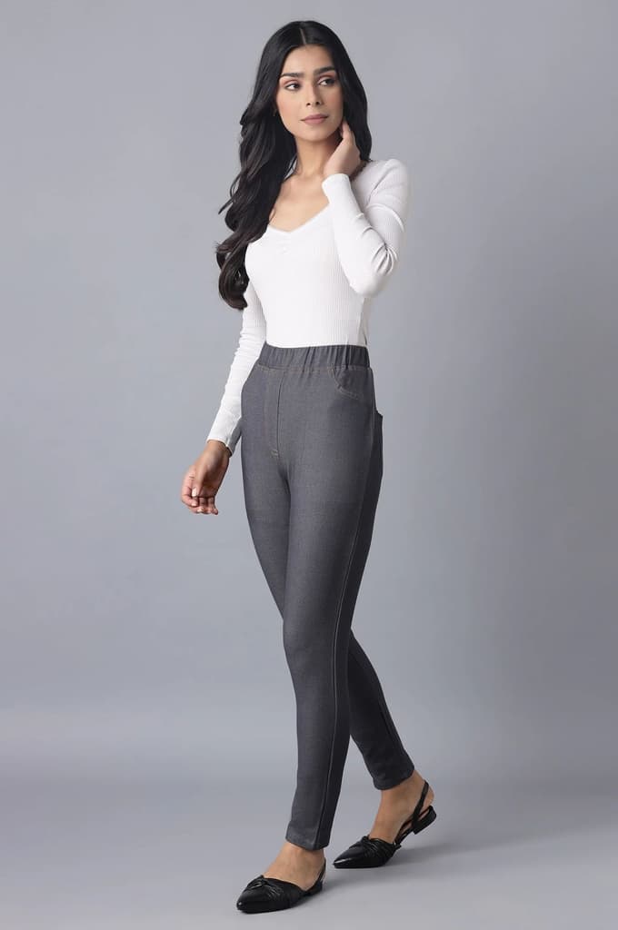 Grey Solid Skinny Fit Cotton Jeggings With Elasticated Waist — photo 5