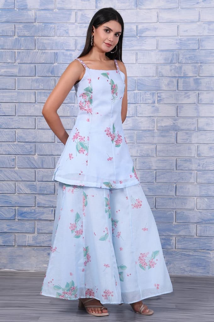 Blue Floral Printed Thread Embroidered Kota Flared Kurta, Flared Pant And Dupatta Set — photo 6