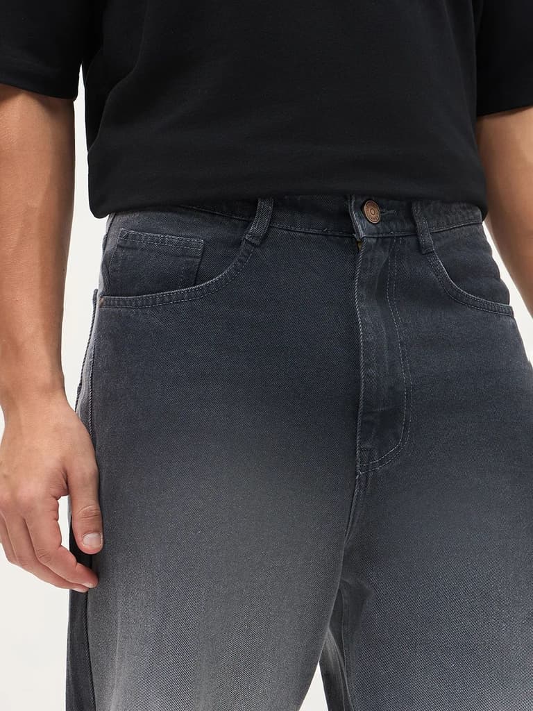 Men's Dark Grey Loose Baggy Fit Heavy Washed Faded Denim Jeans Non-Stretchable — photo 5
