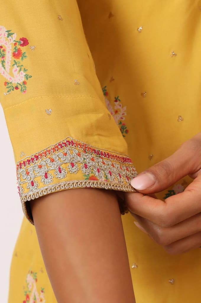 Mustard Yellow Printed Short Shantung Kurti, Culottes and Dupatta Set — photo 8