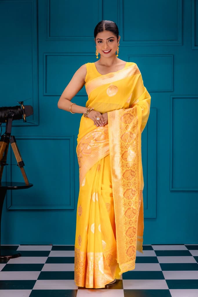 Mimosa Women's Woven Design Banarasi Style Art Silk Saree With Blouse Piece : SA00001754GDFREE — Gold