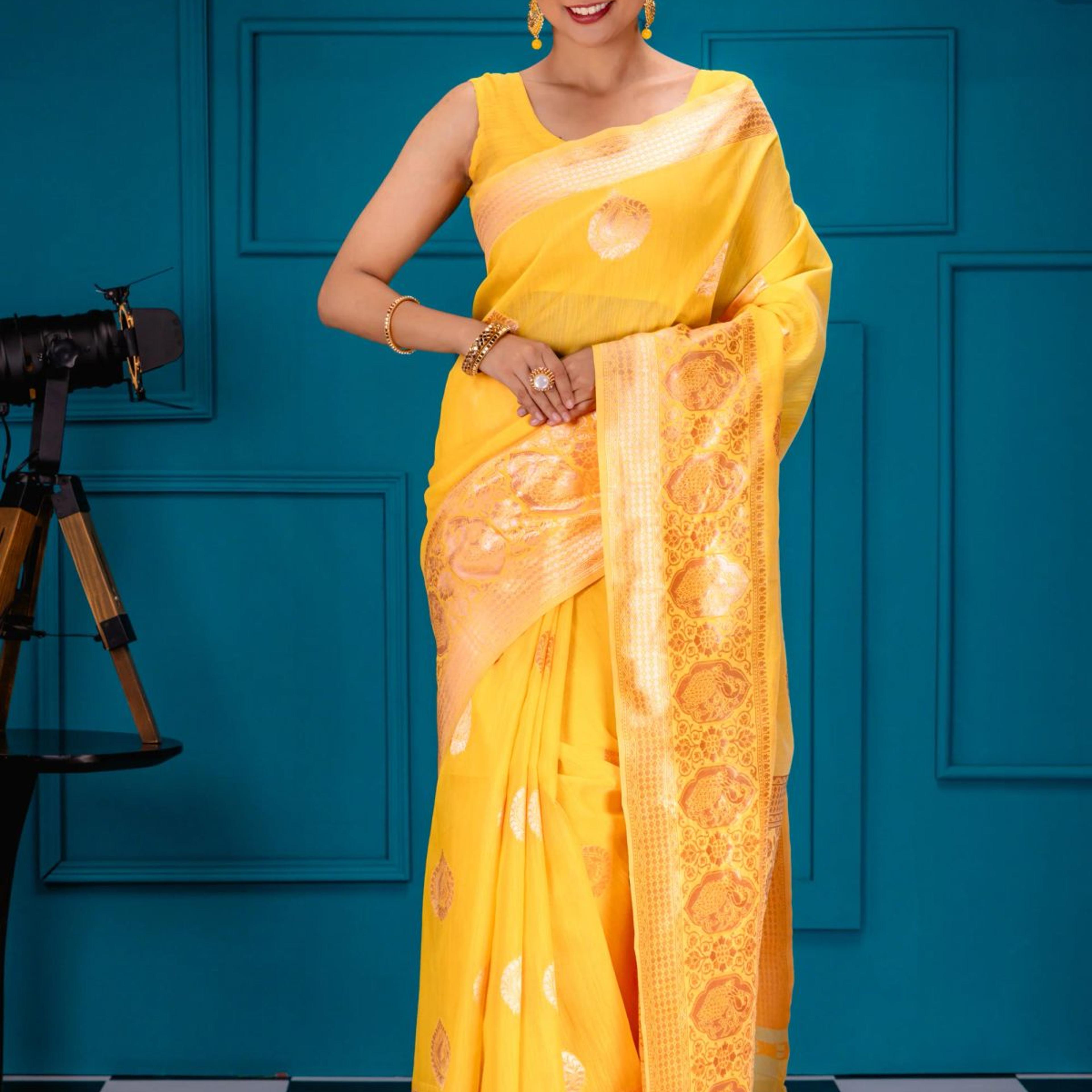 Mimosa Women's Woven Design Banarasi Style Art Silk Saree With Blouse Piece : SA00001754GDFREE