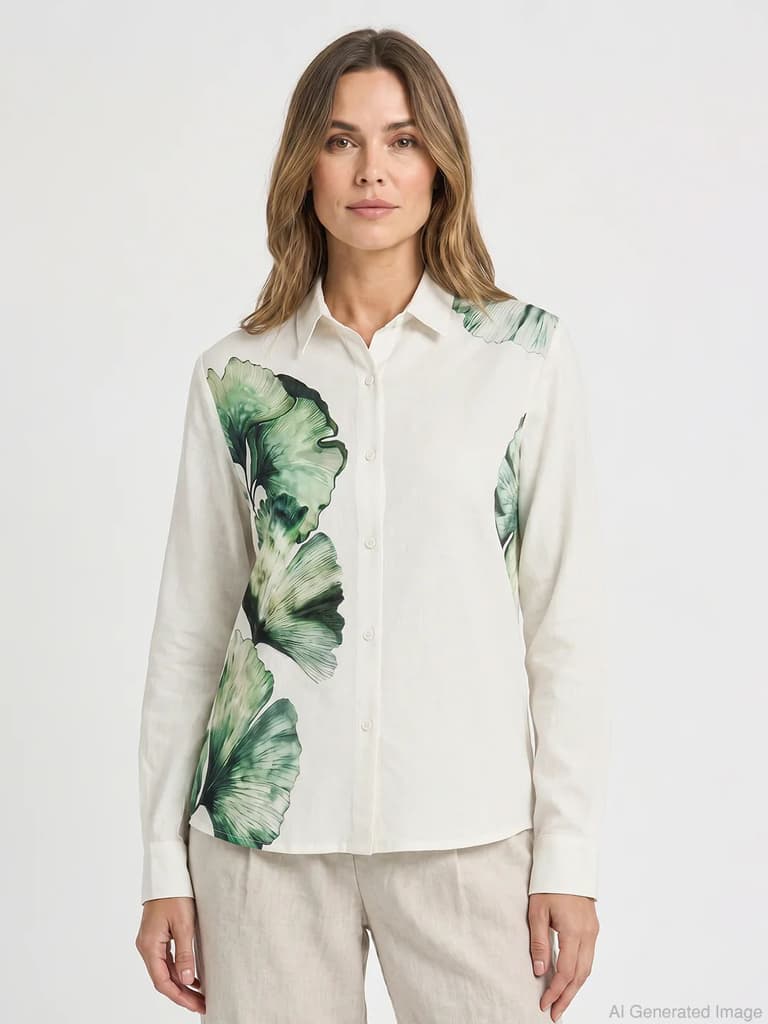 Shirts for Women in White | Cotton Linen Floral Full Sleeve Shirt — photo 4