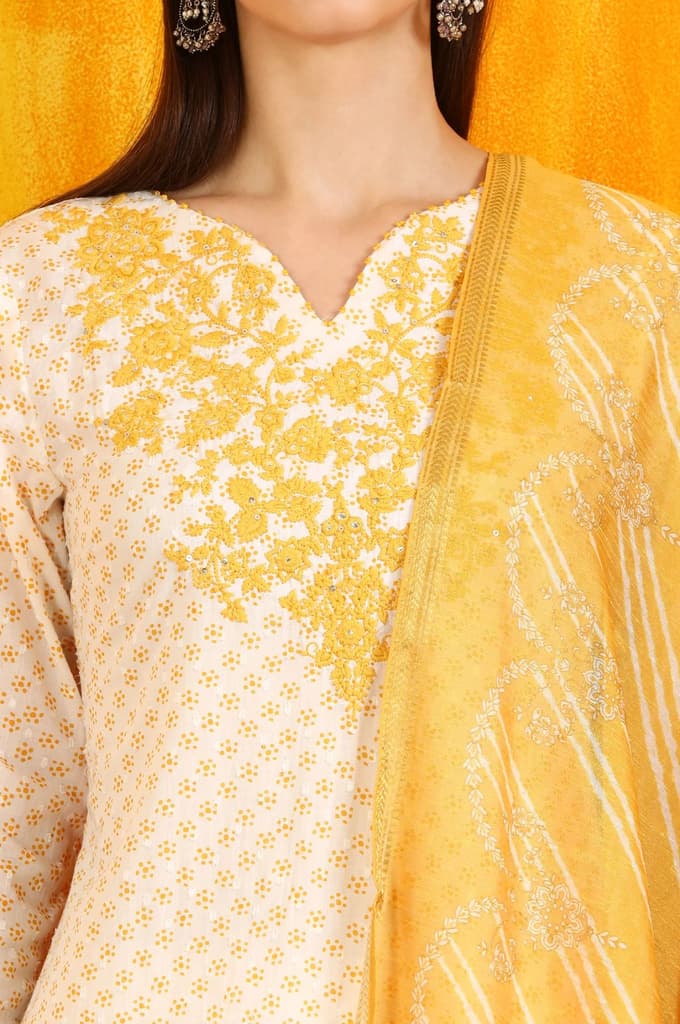 White Dot Printed Embroidered Pure Cotton Straight Kurta, Pants and Dupatta Set — photo 4