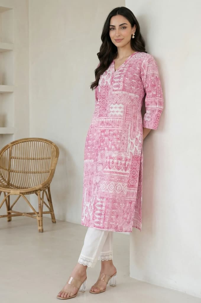 Pink Ethnic Motifs Pure Cotton Straight Kurta — XS