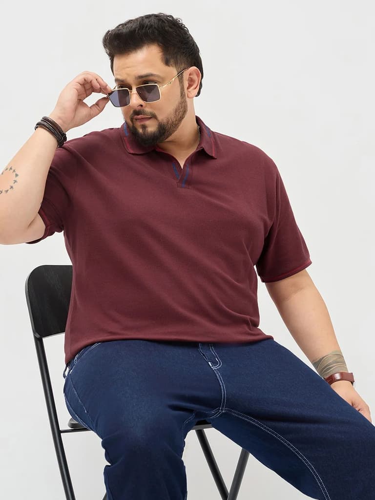Plus Men's Maroon Solid Regular Fit Half Sleeve Cotton Polo T-Shirt — 2XL / Maroon