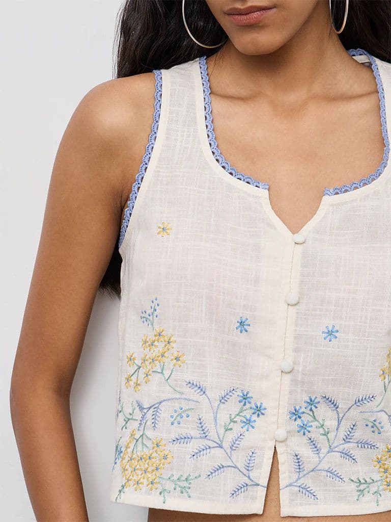 Bombay Paisley Off-White Floral Embroidered Cotton Top — photo 3