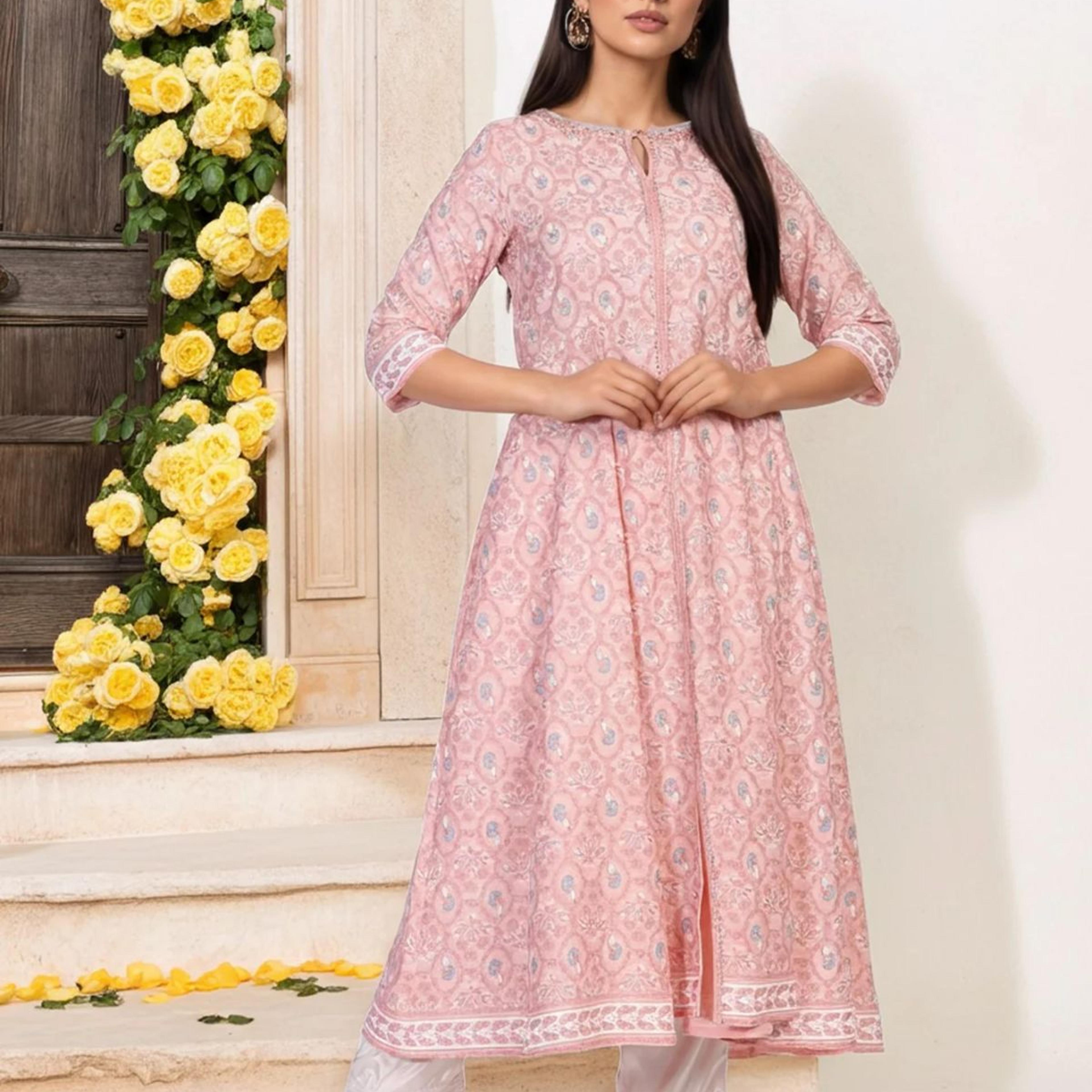 Pink Floral Printed Rayon A-Line Kurta with Straight Pant Set