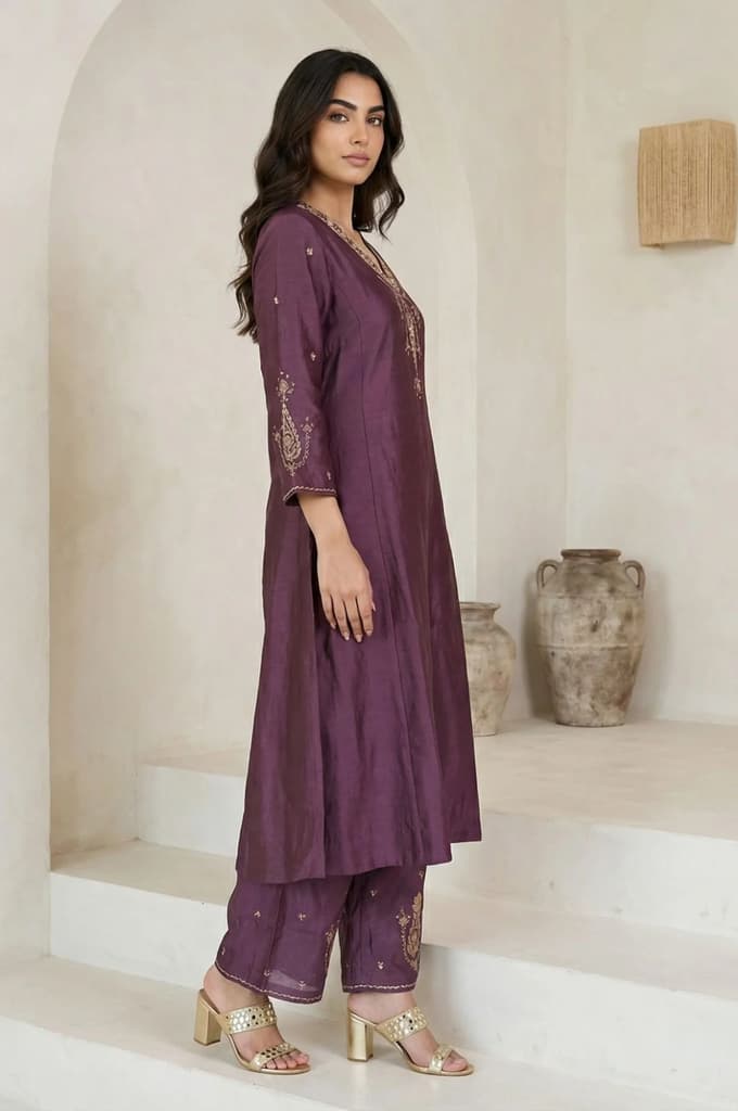 Purple Embroidered Zari Work Silk Blend Straight Kurta with Parallel Pants and Dupatta Set — photo 5