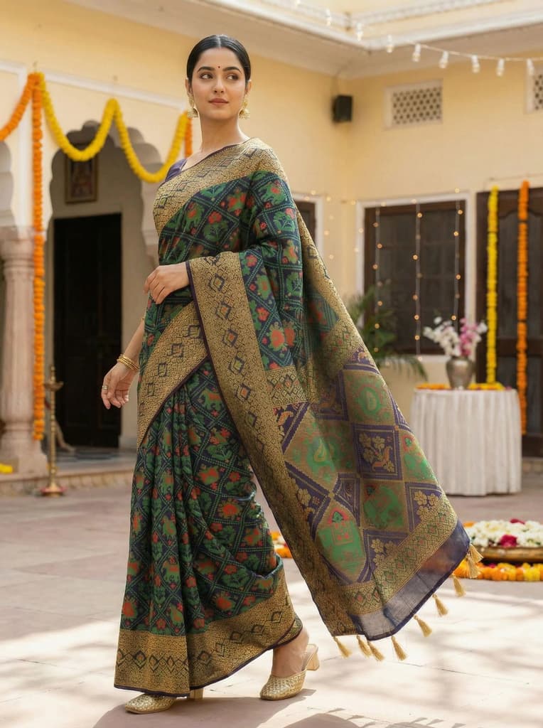 MIMOSA Women's Woven Design Paithani Style Raw Silk Saree with Blouse Piece - Navy ( SA00003128NVFREE ) — photo 2