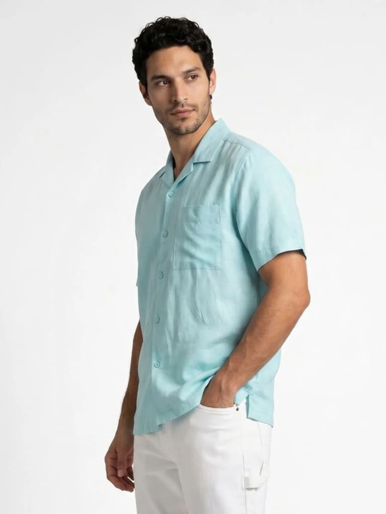 Men's Sky Blue Linen Half Sleeve Oversized Fit Shirt with Cuban Collar — photo 2