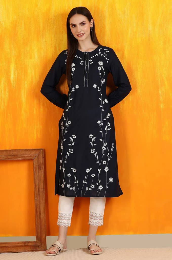 Black Thread Embroidered Cotton Modal Straight Kurta — photo 2