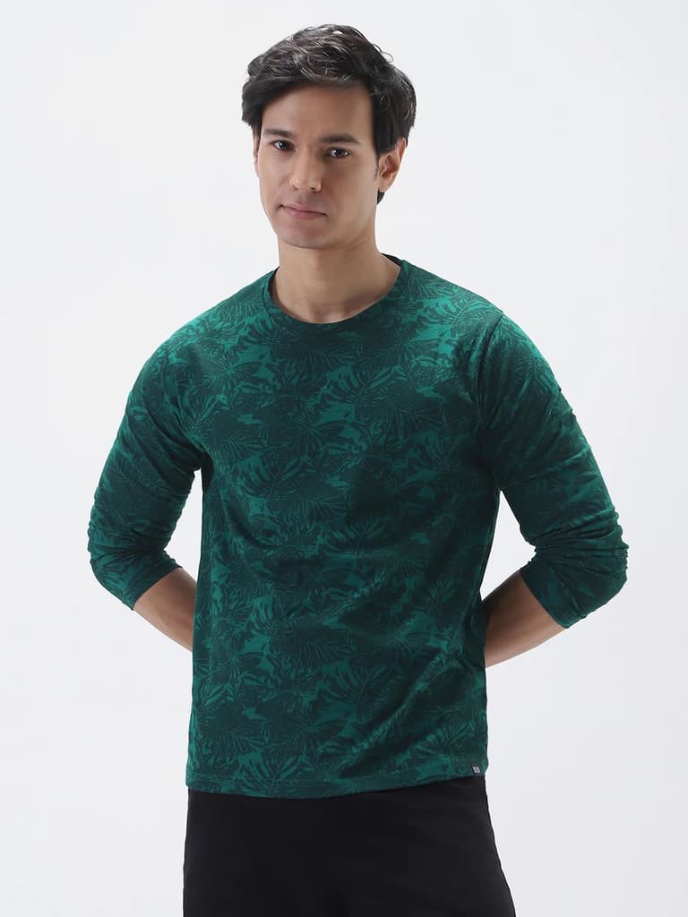 Men's Slim Fit Dark Green Printed Full Sleeve T-Shirt — photo 2