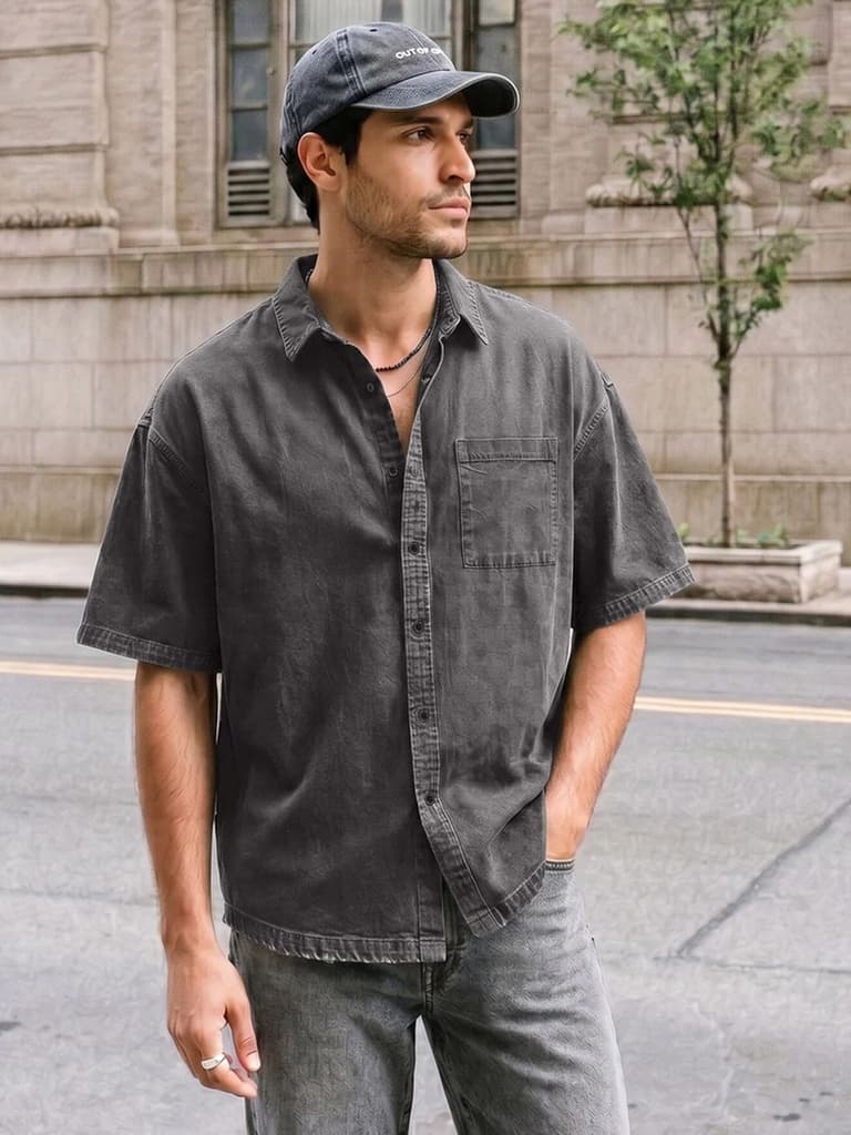 Men's Grey Oversized Fit Half Sleeve Solid Casual Denim Shirt — S / Grey