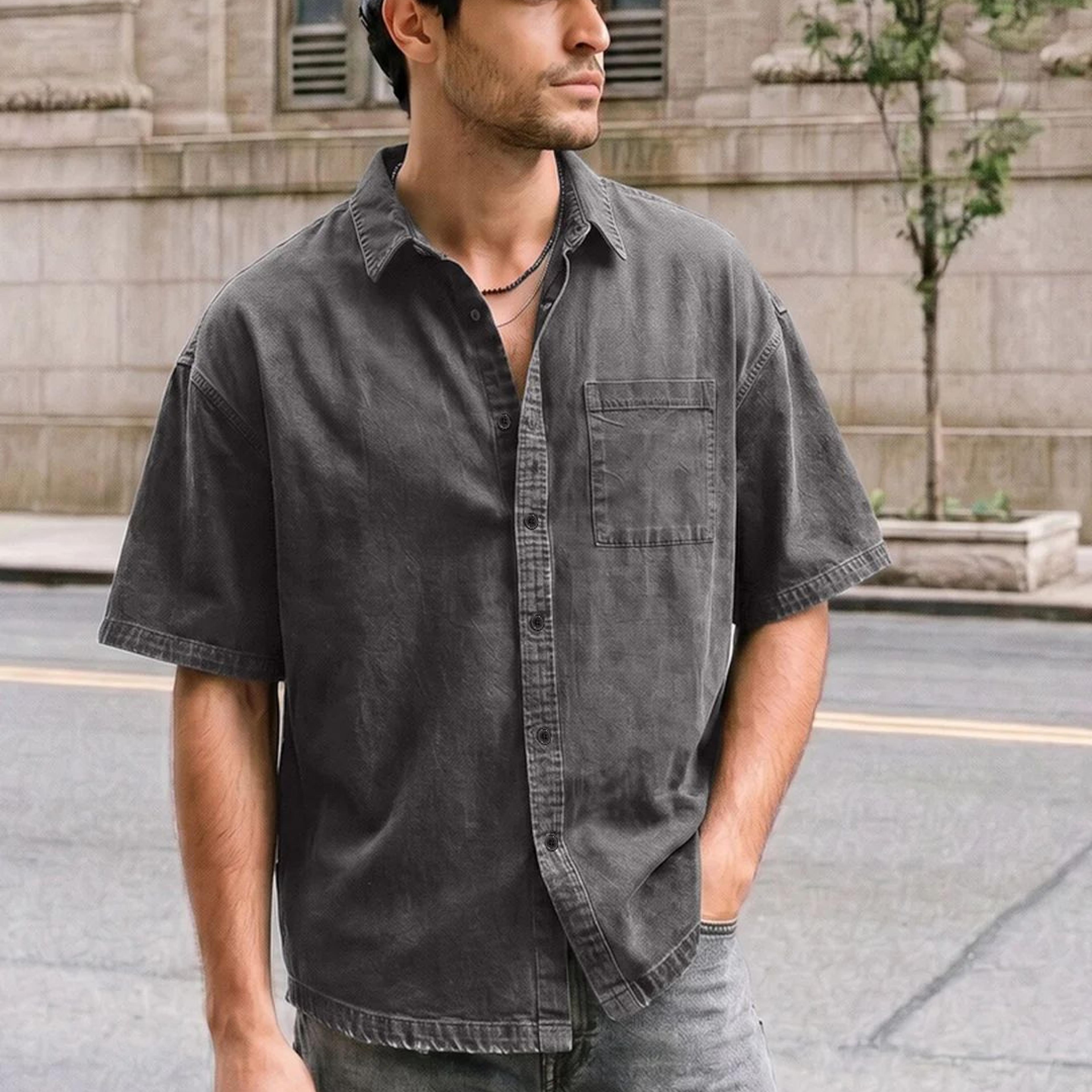 Men's Grey Oversized Fit Half Sleeve Solid Casual Denim Shirt