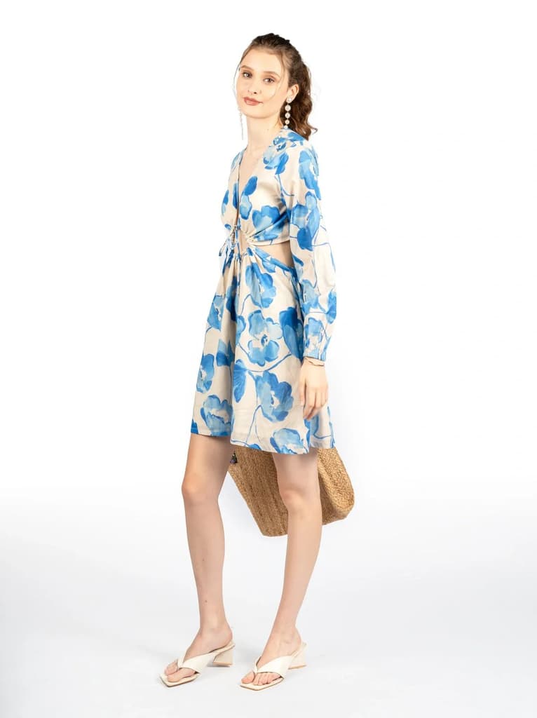 Blue & Beige Floral Cotton Cambric Fit & Flare Dress — photo 7