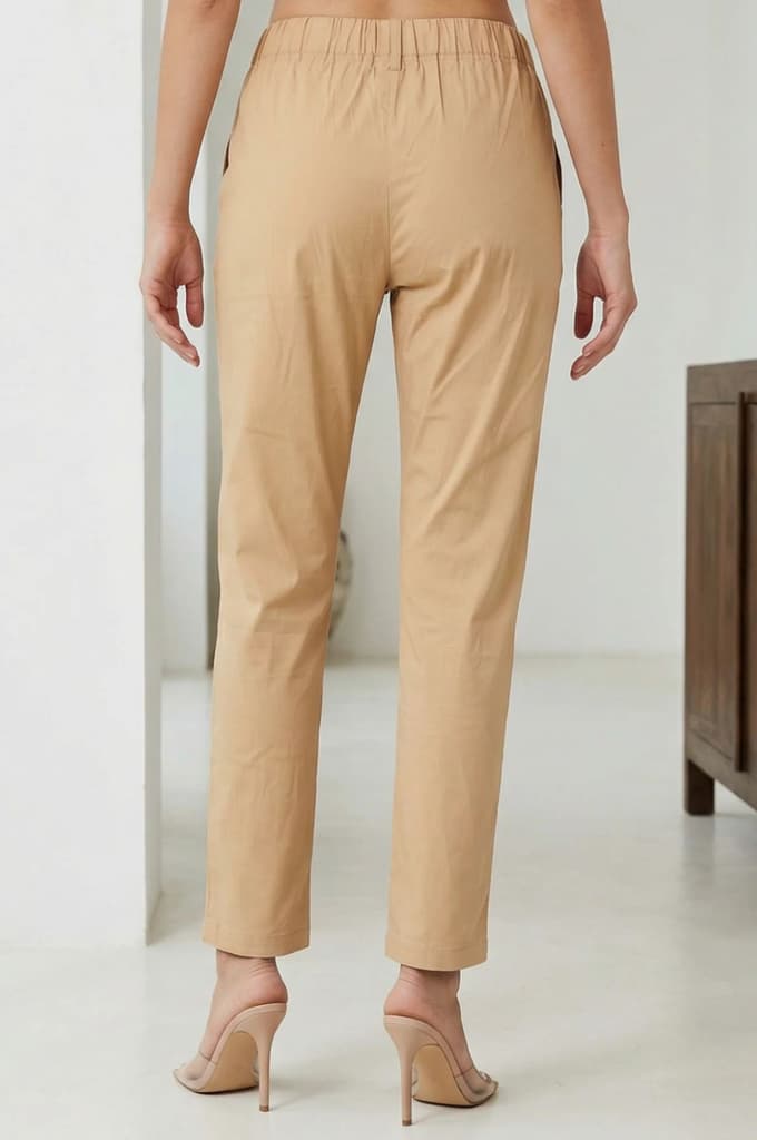 Light Gold Solid Cotton Blend Tapered Fit Ankle Length Trousers — photo 3