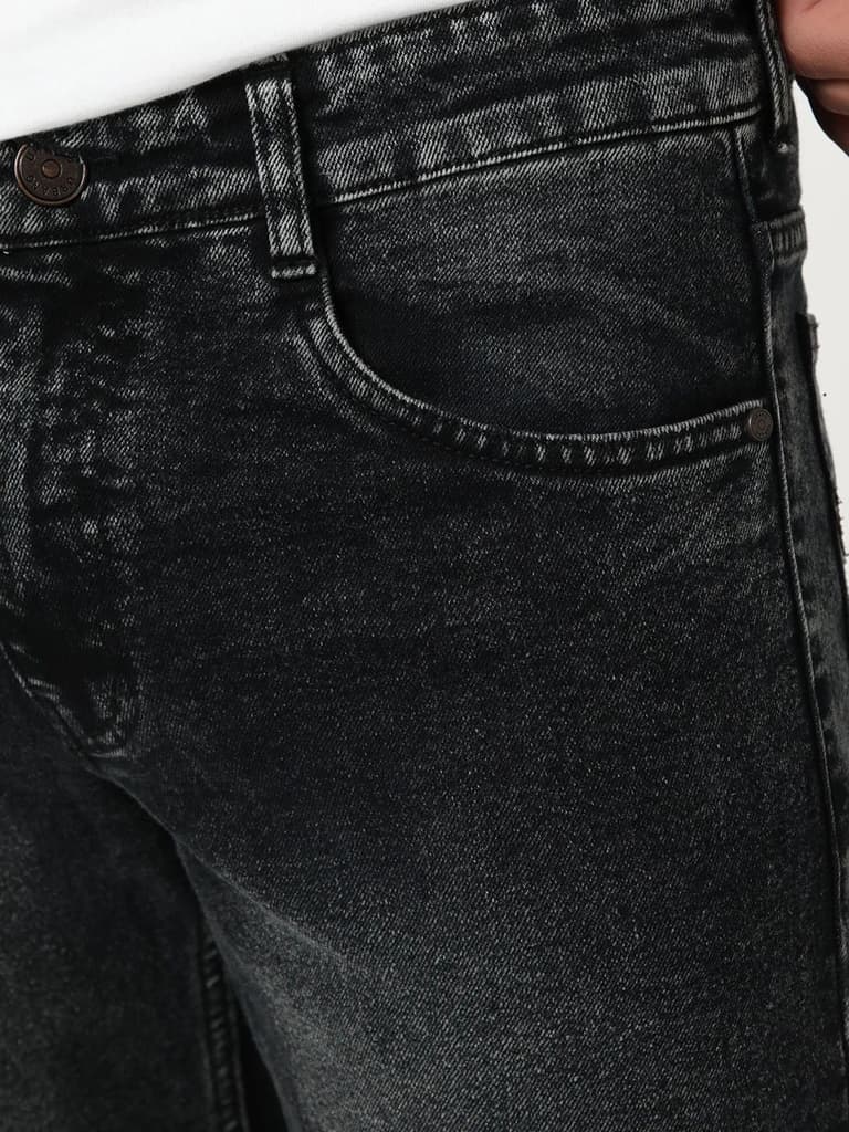 Men's Black Bootcut Fit Mid Rise Tinted Heavy Washed Jeans Stretchable — photo 5