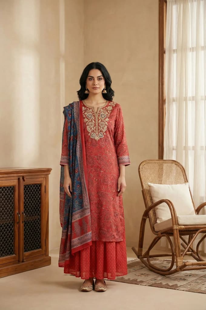 Red Zari Embroidered Paisley Printed Chanderi Straight Kurta with Sharara and Dupatta Set — photo 2