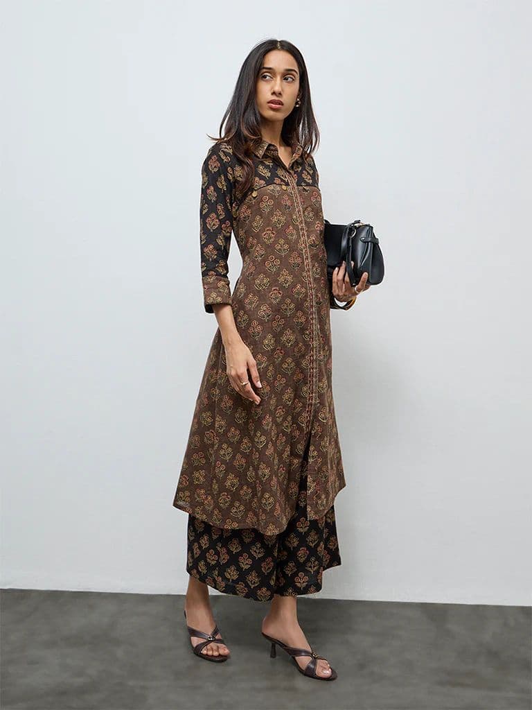Utsa Taupe Botanical Design Cotton A-Line Kurta — photo 2