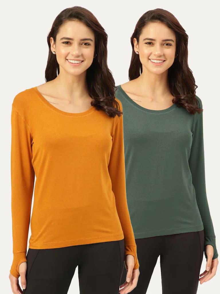 Women's Full Sleeves Skins (Pack of 2) — Mustard; Black forest Green / S