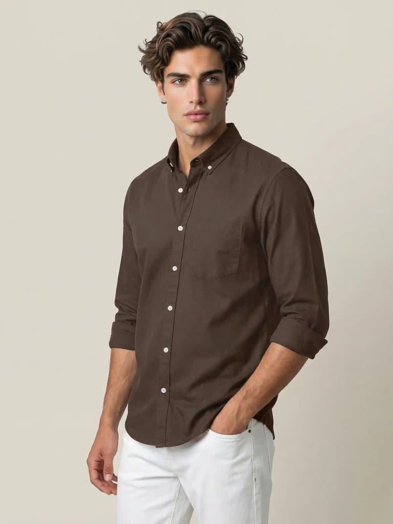 Men's Brown Cotton Full Sleeve Regular Fit Solid Oxford Shirt With Button-Down Collar — photo 2
