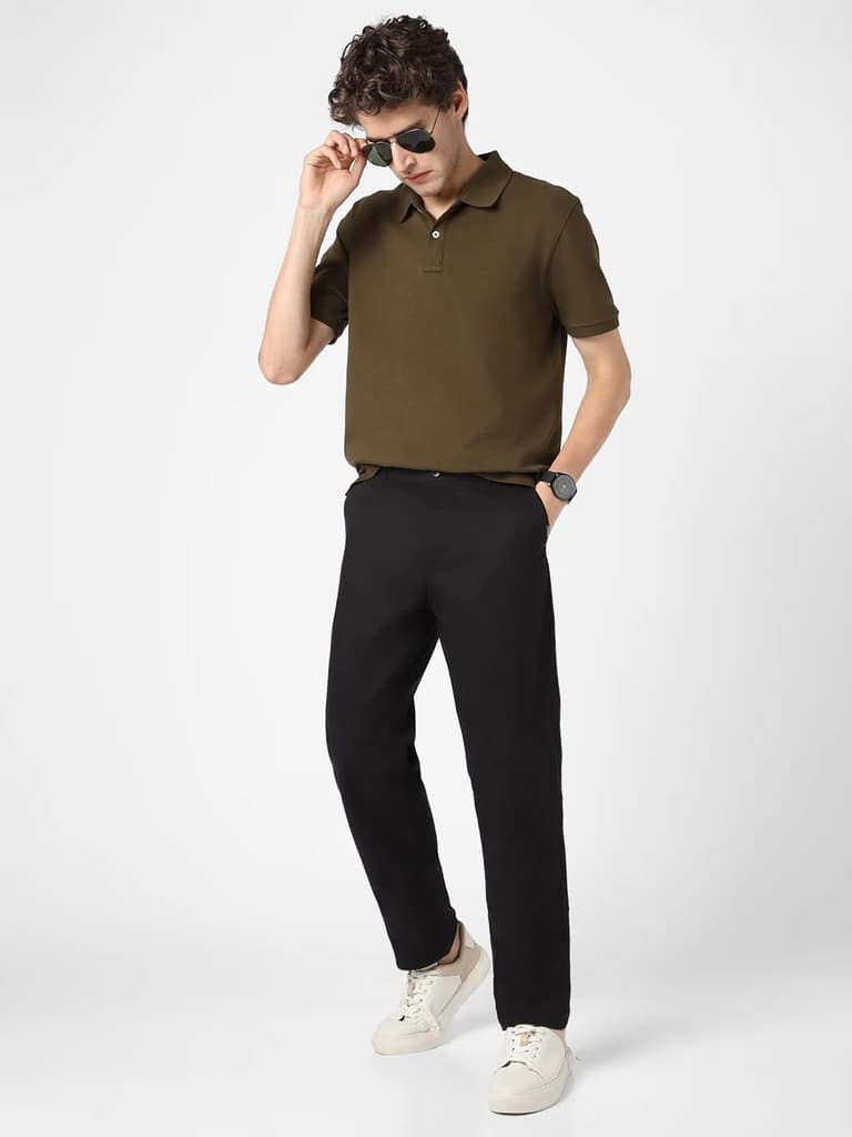 Men's Black Cotton Regular Fit Casual Chinos Trousers Stretch — photo 4