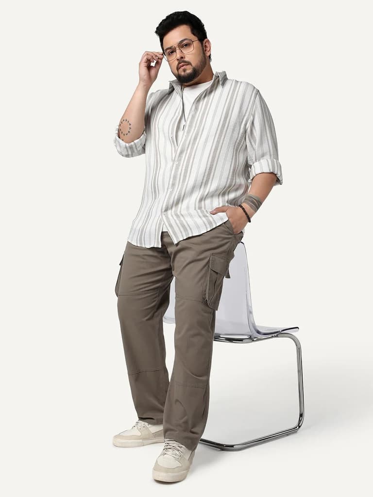 Plus Men's Light Grey Cotton Full Sleeve Relaxed Fit Linen Striped Shirt with Spread Collar — photo 4