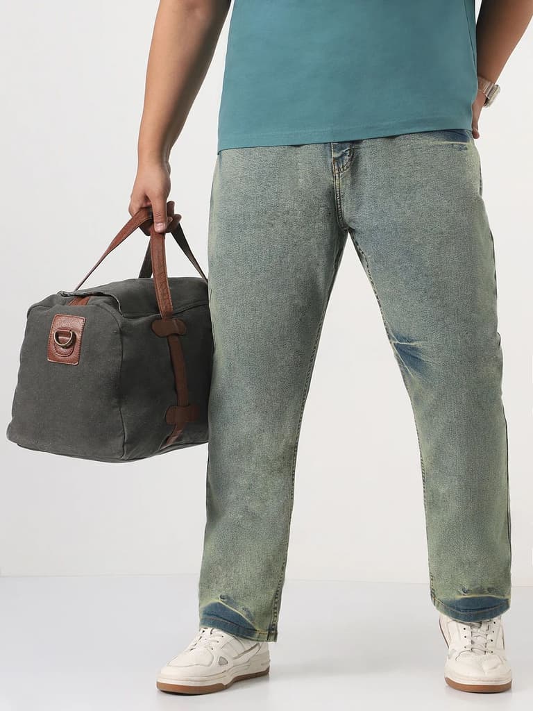 Plus Men's Ice Blue Straight Fit Heavy Washed Jeans Stretchable — 36 / Ice Blue