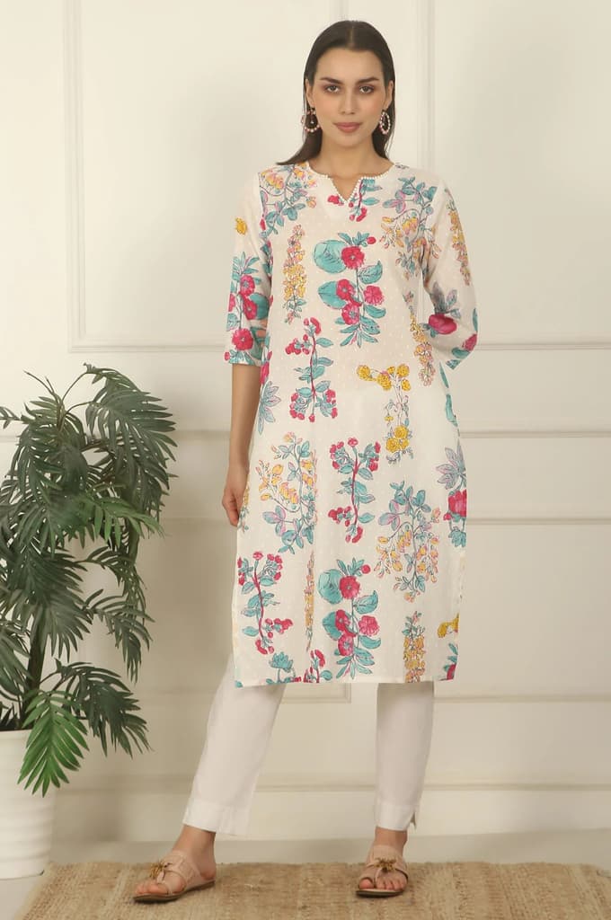 White Floral Printed Textured Cotton Straight Summer Kurta — photo 2