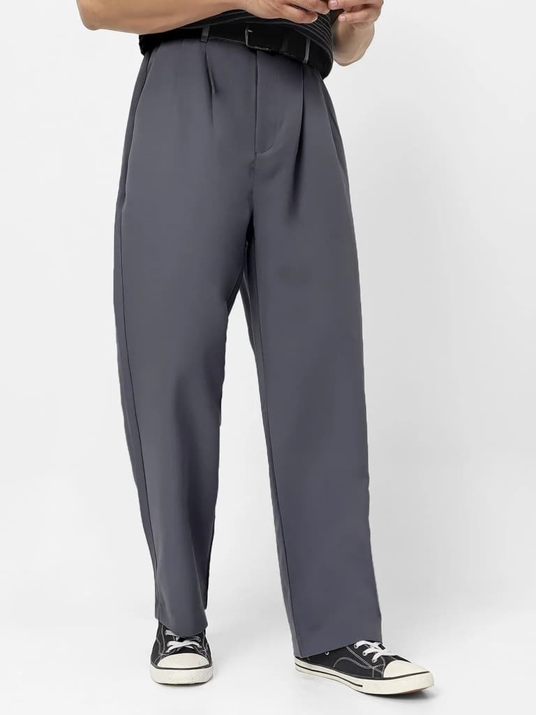 Men's Medium Grey Loose Baggy Fit Solid Korean Trousers Stretchable — photo 2