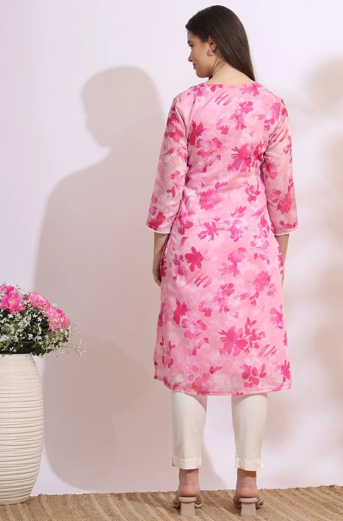 Pink Bold Floral Printed Pure Cotton Straight Kurta with Lace — photo 6