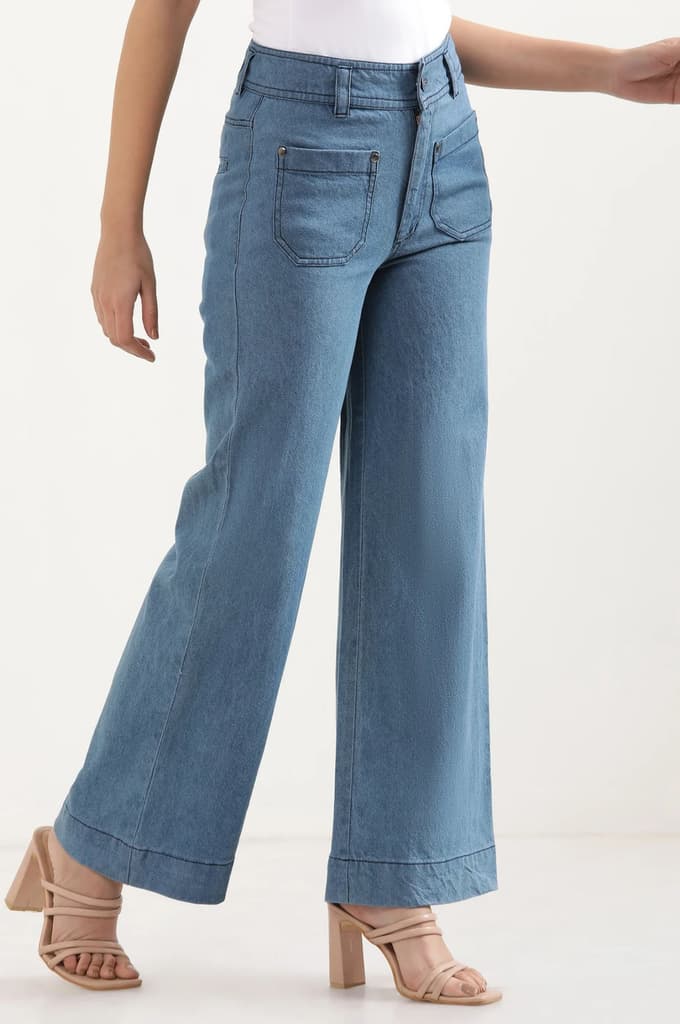 Light Blue Solid Flared Denim Pants With Button Detail — photo 5