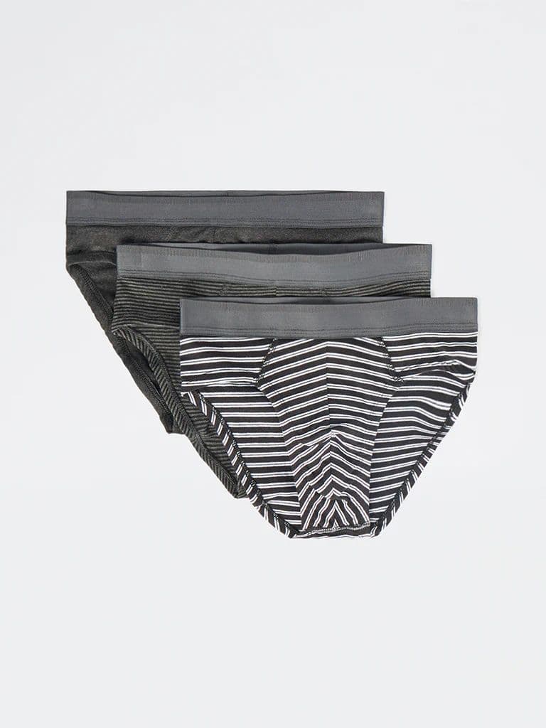 WES Lounge Black Striped Cotton-Blend Briefs - Pack of 3