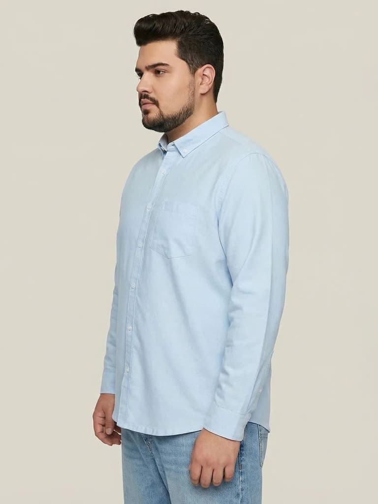 Plus Men's Light Blue Cotton Full Sleeve Regular Fit Solid Oxford Shirt With Button-Down Collar — photo 2