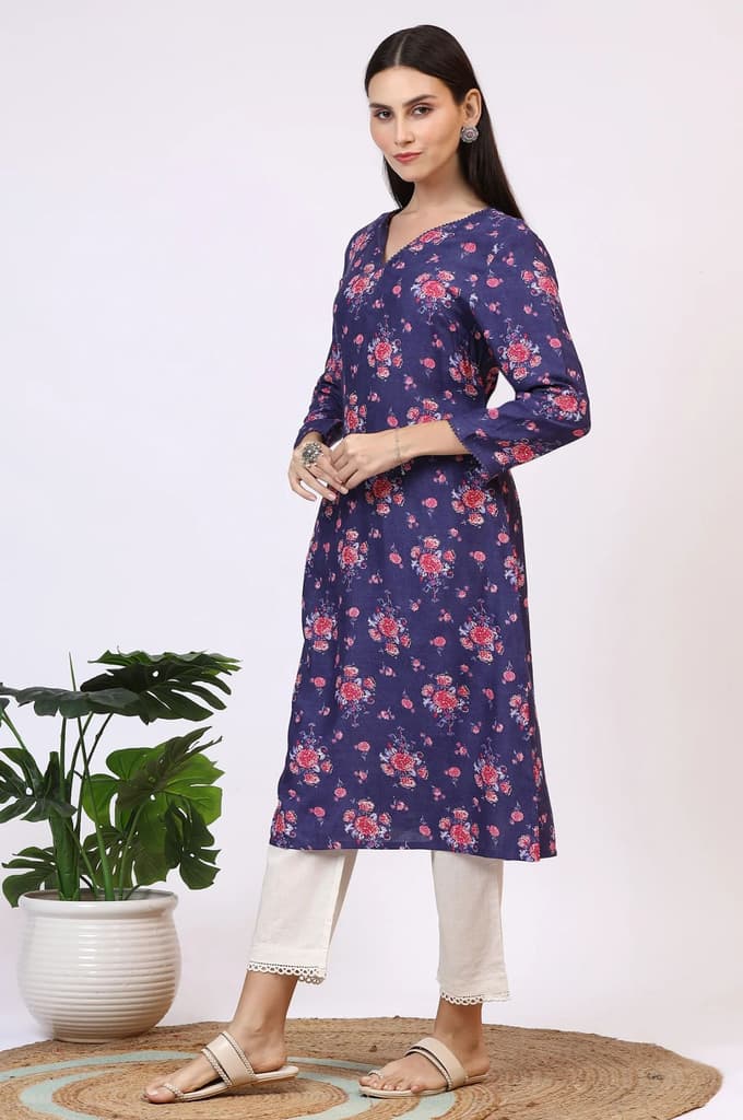 Purple Floral Printed Straight Kurta with Lace — photo 5